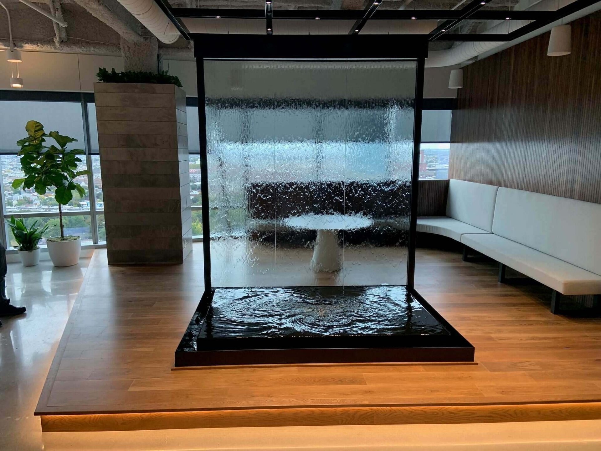 Glass Water Wall with Reflection Pool and Black Powder Coated Frame in Philadelphia Glass Water Wall with Reflection Pool and Black Powder Coated Frame in Philadelphia