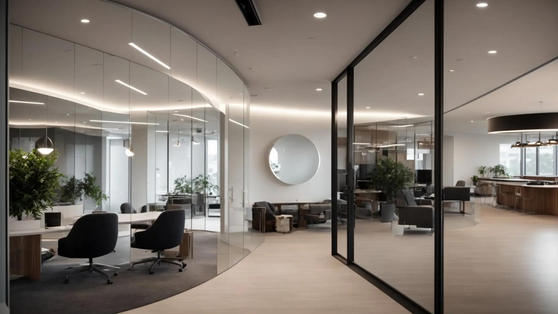 Create a Modern Look With Bubble Mirror Wall Decor 3 a sleek, modern office space showcases a flawlessly installed bubble mirror wall decor, featuring precise angles and custom framing that enhance the room's sophisticated ambiance and create artful reflections under focused architectural lighting.