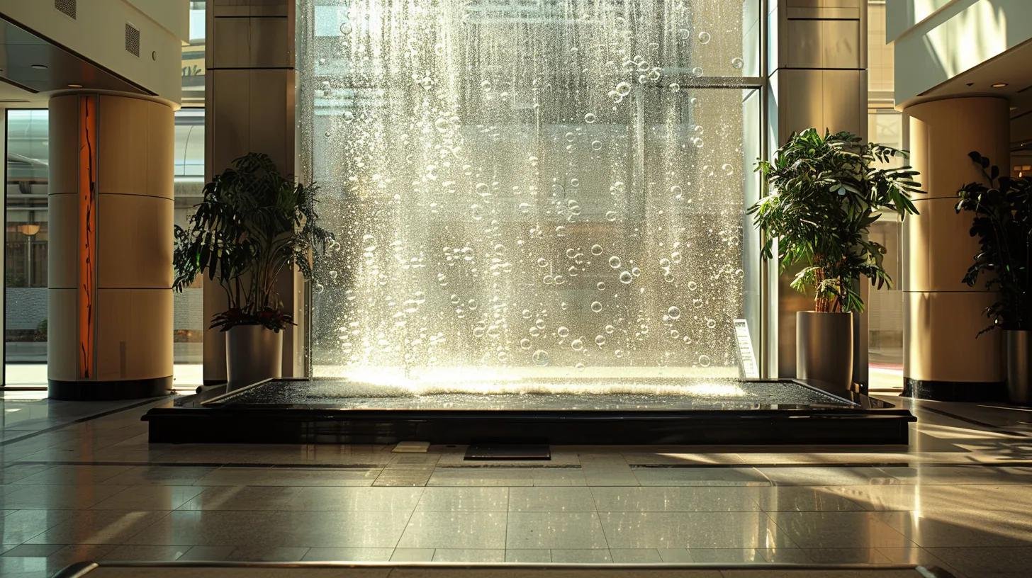 Indoor Bubble Wall Fountain Maintenance Tips for Longevity 5 a sleek, modern indoor environment showcases a stunning bubble wall fountain with illuminated low-voltage led systems and digital controls, emphasizing advanced safety features through smart sensors and tempered glass barriers, all designed for optimal user protection in a high-traffic commercial space.