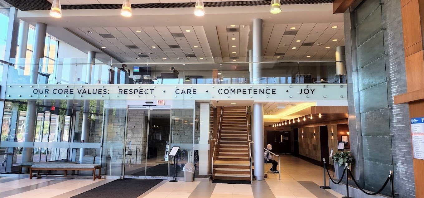 Glass Water Features 27 Shiplapped Overlapping Stacked Glass Waterfall for HSHS St. Marys Hospital in Decatur Illinois