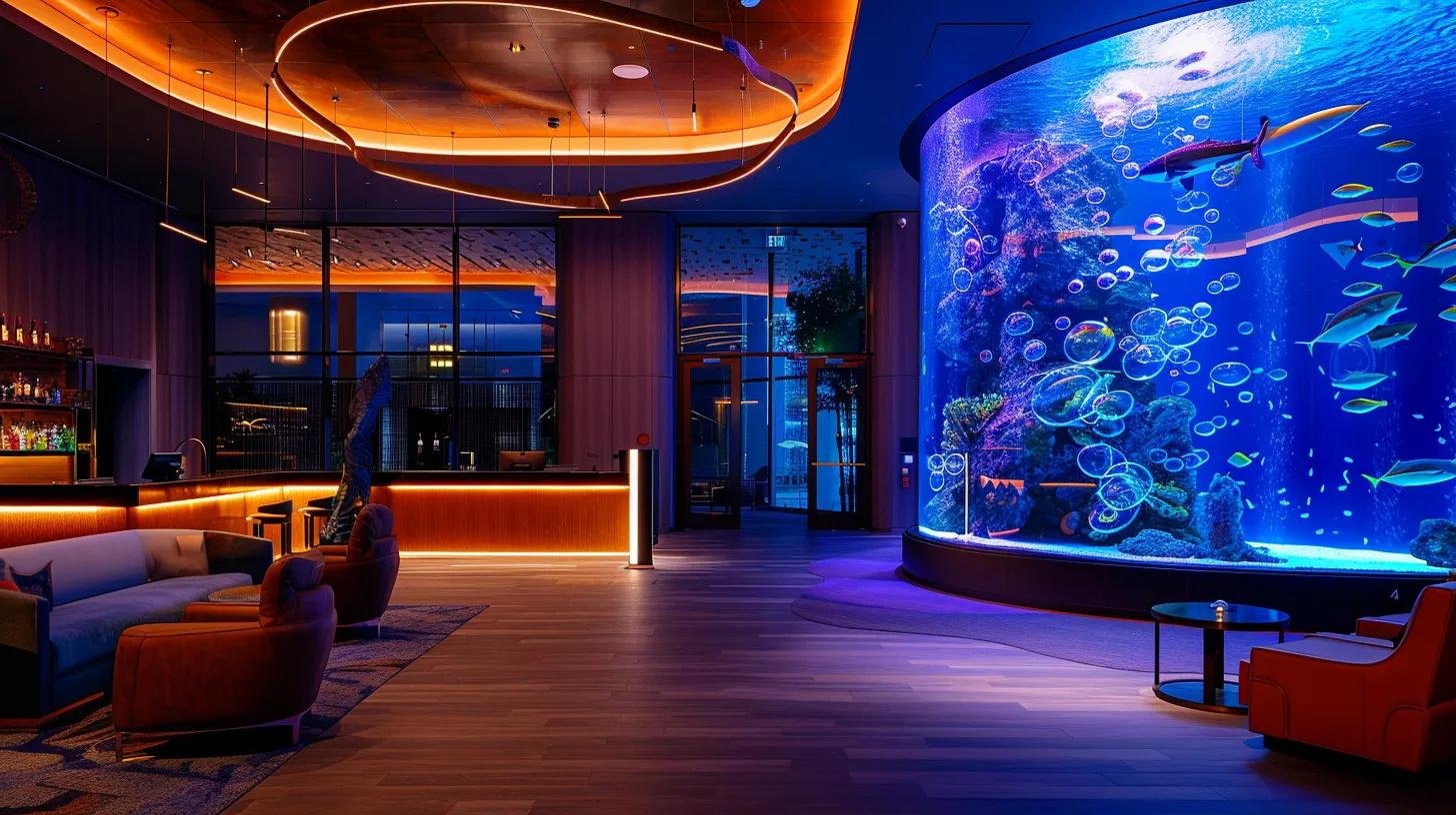 The Allure of a Bubble Wall Fish Tank in Interior Design 5 a luxurious hotel lobby showcases a striking bubble wall fish tank, featuring illuminated backlit glass panels that shift colors, complemented by sleek, modern furnishings and ambient lighting that evoke a sophisticated atmosphere of tailored elegance.