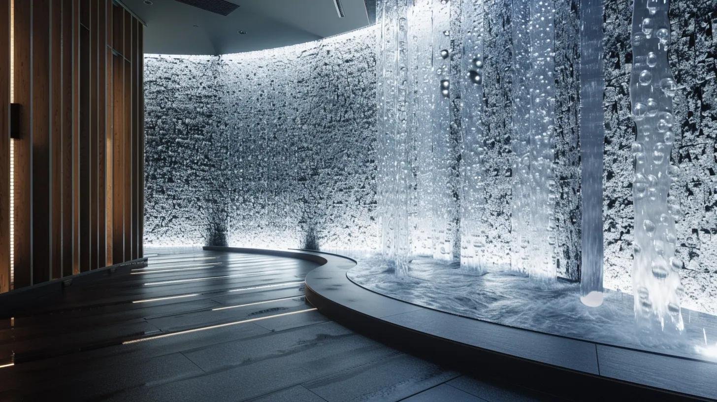 Why Choose a Floor Standing Water Bubble Wall for Your Home 3 a sleek, modern interior showcases a stunning floor-standing water bubble wall, illuminated by programmable led lights that shift in color and intensity, creating a captivating interplay of dynamic water flow and serene architectural elegance.