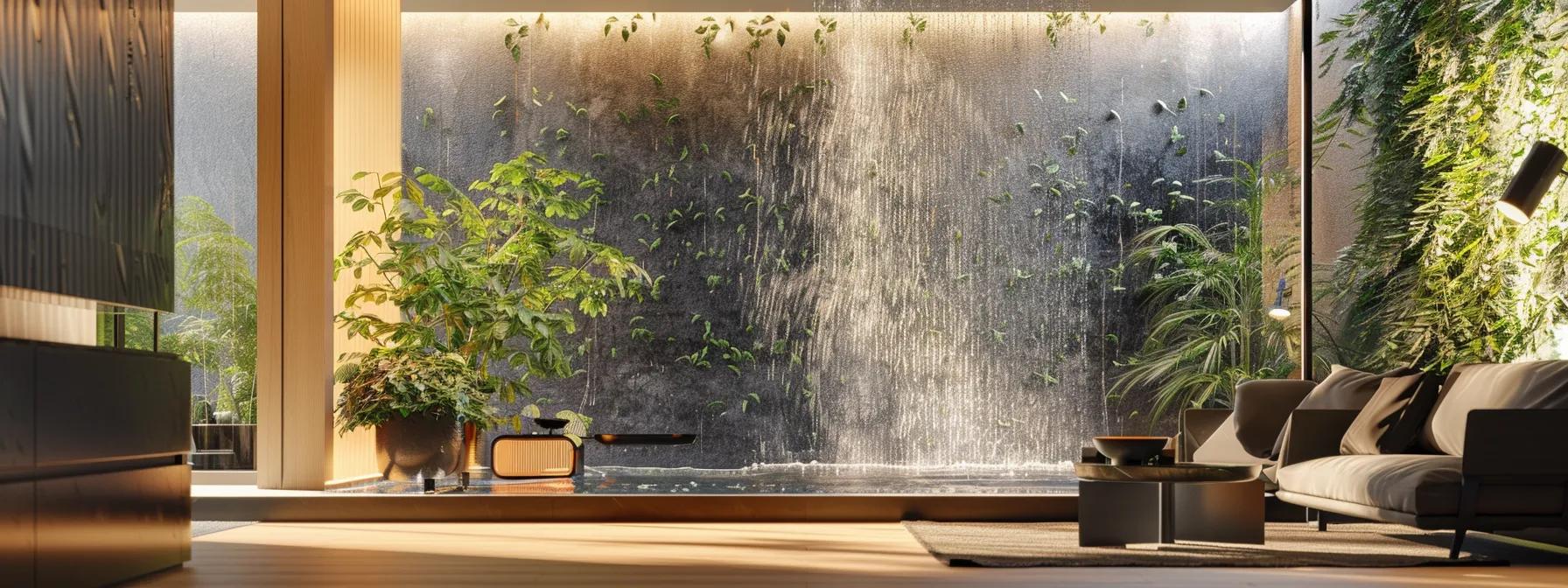Captivating Wall Design: Embrace Waterfall Features 4 a cascading waterfall wall being carefully assembled against a sleek, minimalist backdrop in a modern living room.