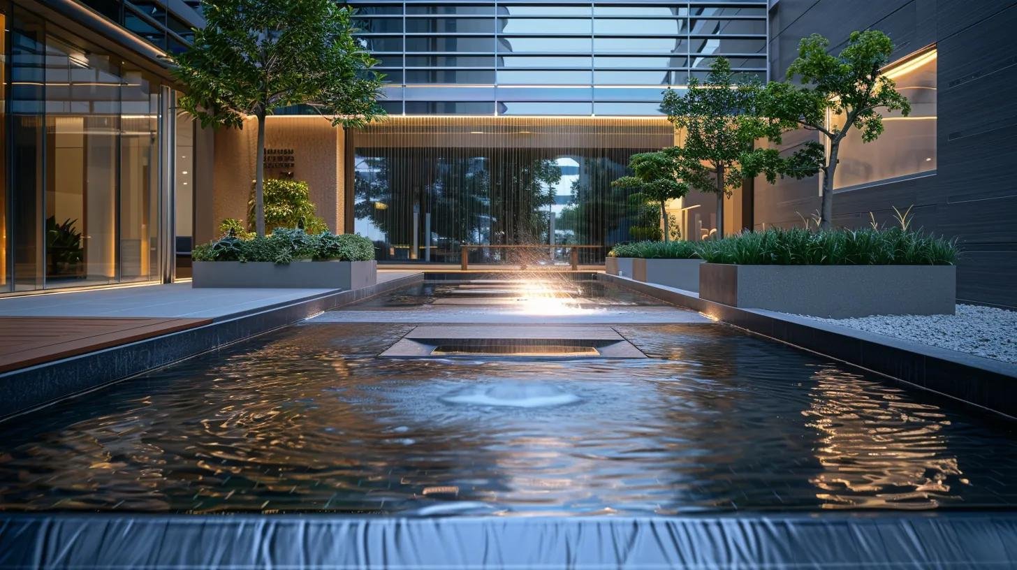 Elegant Custom Water Features Available in Montoursville PA 4 a sleek, modern office showcases an innovative water feature integrated with smart sensors and illuminated by dynamic led lighting, highlighting the seamless fusion of technology and aesthetics in enhancing operational efficiency.