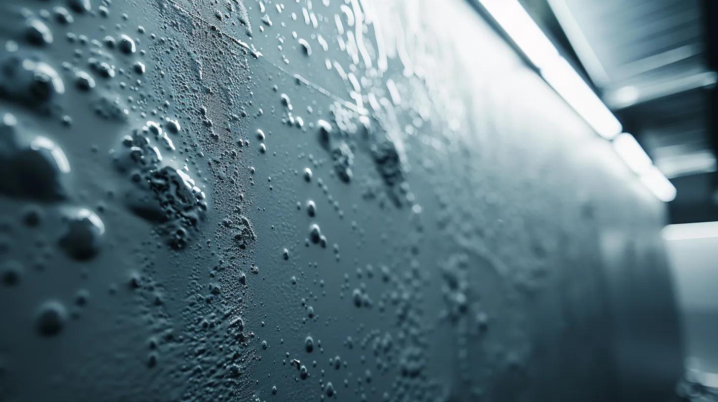 Identifying the Reasons Behind a Bubble on Wall 2 a close-up view of a freshly painted wall in an urban office space, showcasing clear, pronounced bubbles caused by high humidity and improper application techniques, illuminated by harsh fluorescent lighting to emphasize the defects and facilitate analysis by an expert using a moisture meter.