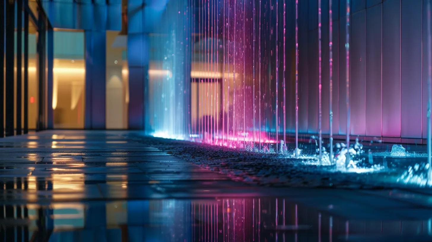 Modern Spaces: Embracing Contemporary Fountain Design Trends 5 a striking indoor fountain installation featuring dynamic led lighting that dances across the water surface, creating a captivating interplay of colors and reflections against sleek modern architecture.