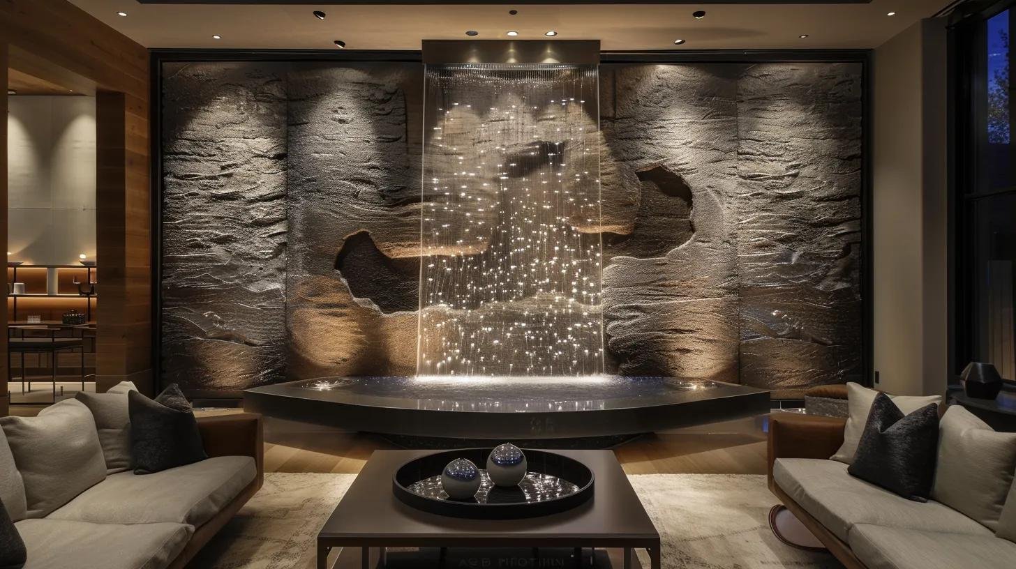 Create a Stunning Bubble Wall Fountain for Your Space 4 a sleek, modern living room showcases a stunning handcrafted bubble wall fountain, with variable led lighting casting calm reflections on the stylish decor, embodying a tranquil oasis that enhances both ambiance and property value.