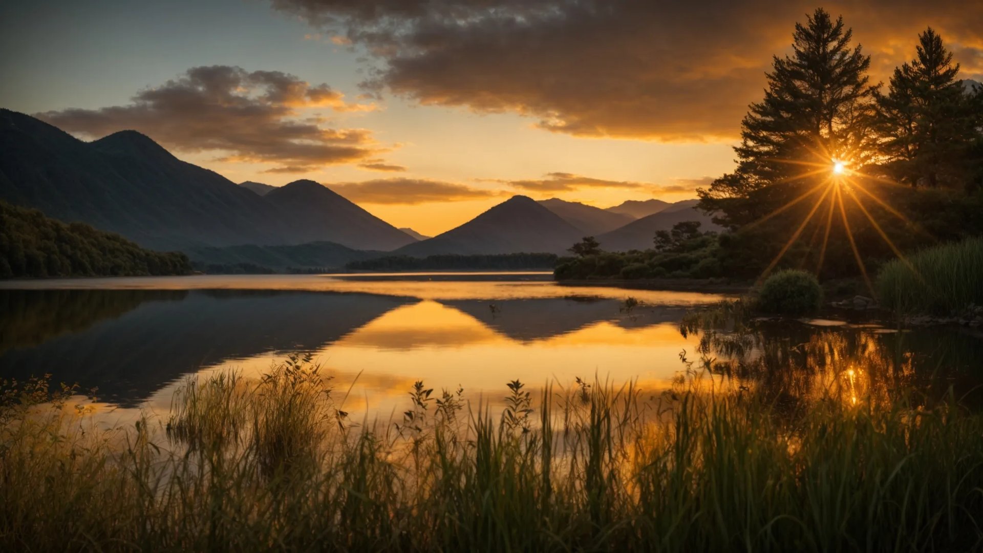 Create Serenity With a Unique Glass Fountain Design 6 a vibrant sunrise casts golden hues over a tranquil lake, reflecting the serene silhouettes of ancient mountains and lush greenery along the shoreline.