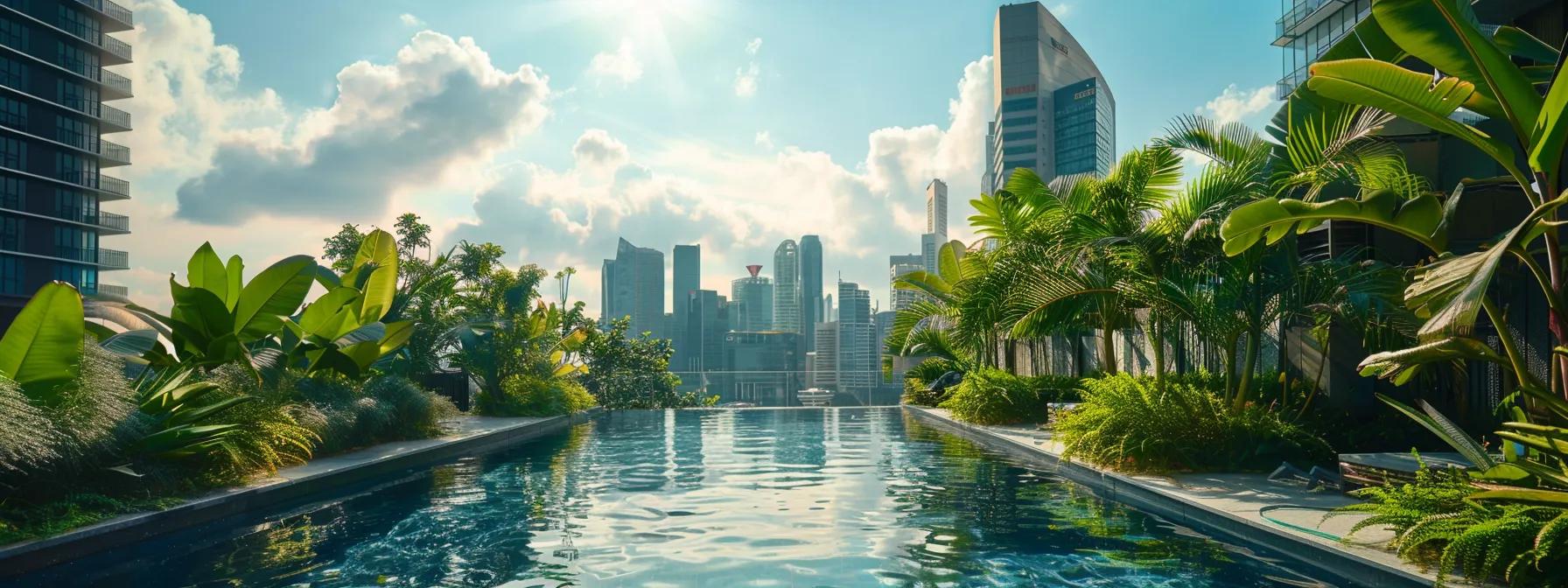 Enhance Your Home: The Art of Water Wall Design 3 an infinity pool seamlessly incorporated into a narrow rooftop space, surrounded by lush greenery and modern city buildings.