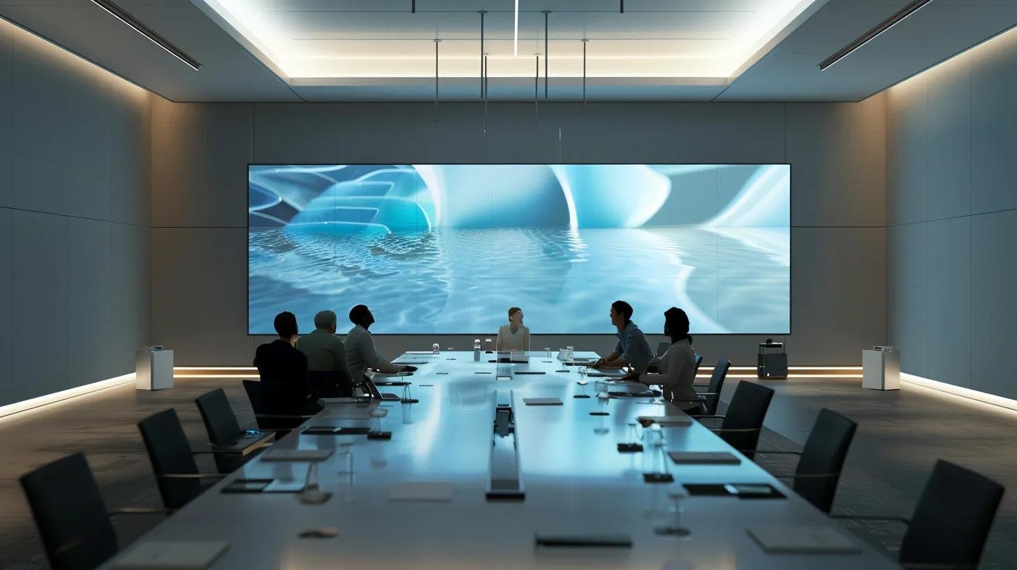 Unique Designs for Custom Made Water Features 6 a modern conference room, adorned with digital mock-ups of custom water features, showcases engaged clients discussing design elements with attentive experts, illuminated by warm overhead lighting that enhances the collaborative atmosphere.