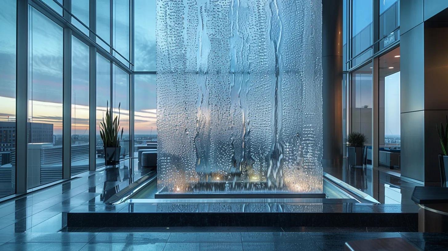 Indoor Bubble Wall Fountain Maintenance Tips for Longevity 2 a sleek indoor setting features a stunning bubble wall fountain, constructed with polished stainless steel and tempered glass, showcasing precise engineering that highlights the interplay of water flow and ambient led lighting in a modern office environment.