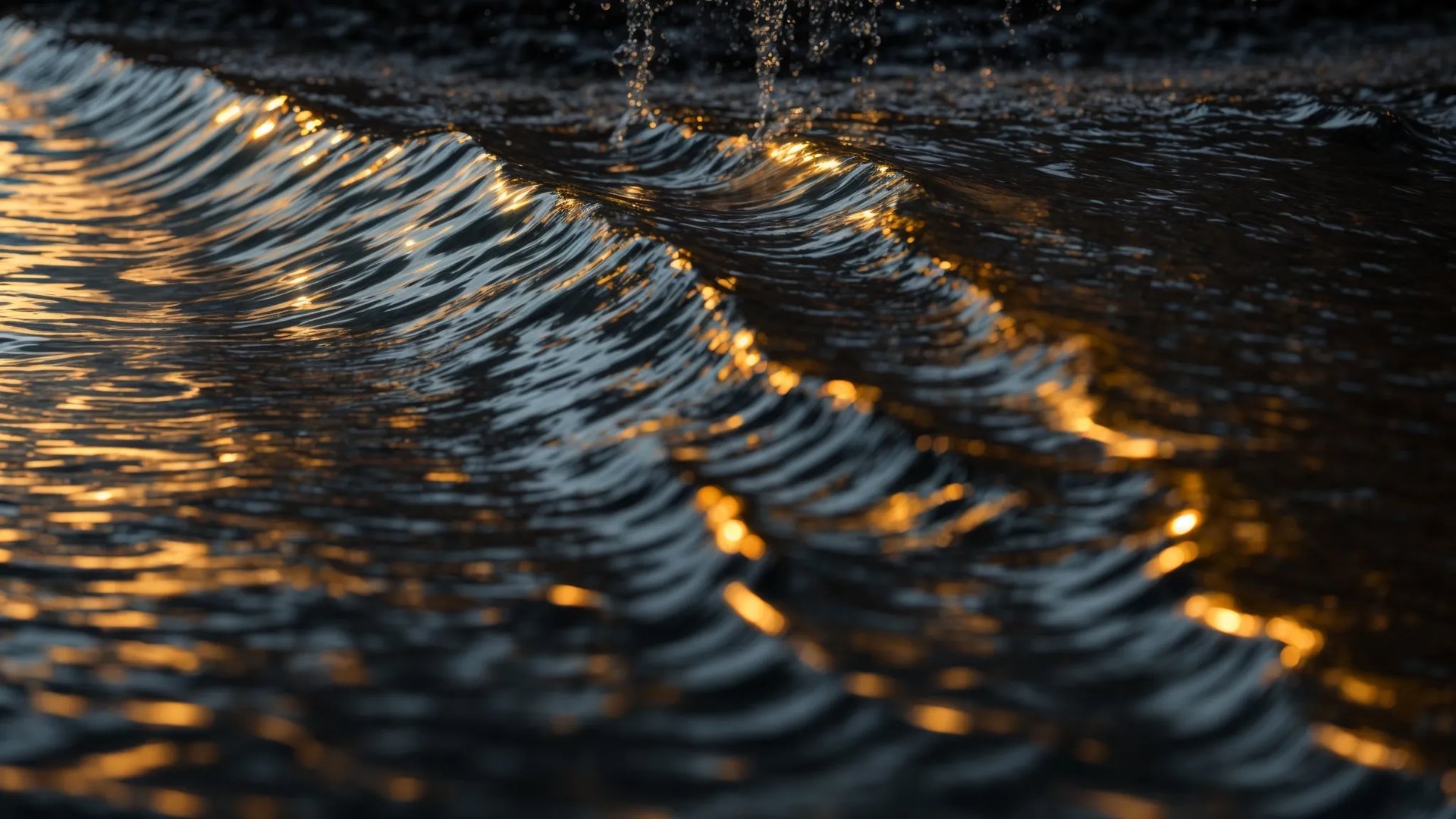 Rippling water surface reflecting golden light, evoking tranquility and serenity, relevant to indoor waterfall fountains and biophilic water features.
