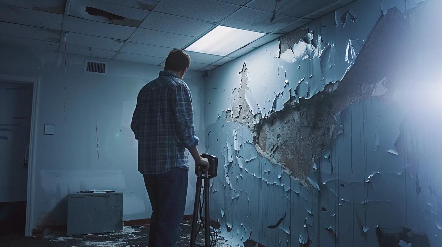Removing Water Bubble in Wall: Step-by-Step Guide 2 a focused indoor scene showcases a professional inspecting a damaged wall within a contemporary office space, utilizing advanced moisture detection equipment to highlight structural integrity concerns amidst visible cracks and peeling plaster.