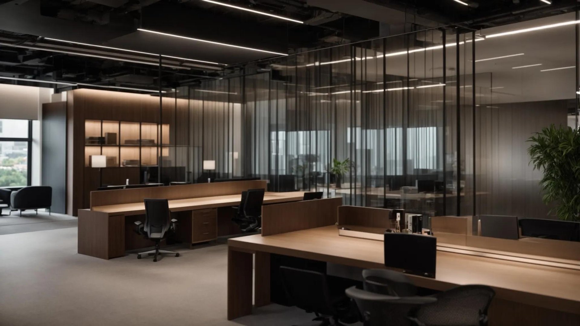 Modern office interior featuring sleek wooden desks, ergonomic chairs, and glass partition walls, emphasizing a tranquil workspace design with natural light and greenery.