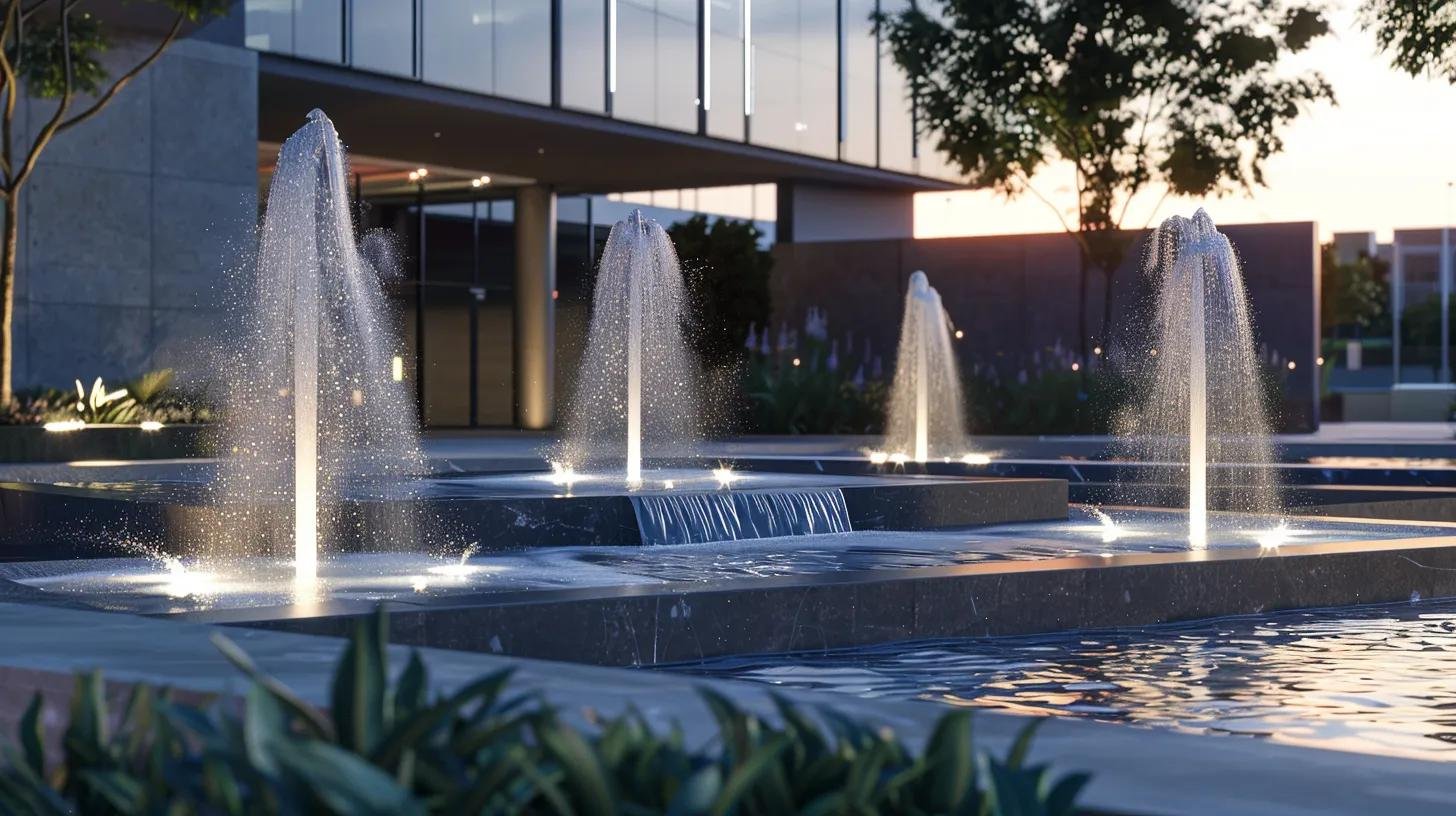 Modern Spaces: Embracing Contemporary Fountain Design Trends 4 a sleek, modern urban fountain design showcases customizable water jets and dynamic lighting in a bustling plaza, reflecting architectural innovation while inviting interaction amidst a contemporary city backdrop.