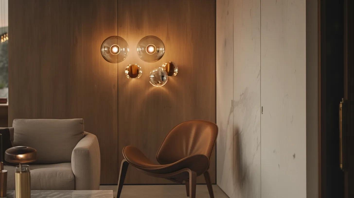 Creating Elegance With a Bubble Wall Sconce 3 an elegant display showcases the bubble wall sconce against a modern, minimalist interior wall, highlighting the interplay of shimmering tempered glass bubbles and a sleek metal frame in warm brass finish, all illuminated to accentuate its craftsmanship and durability.