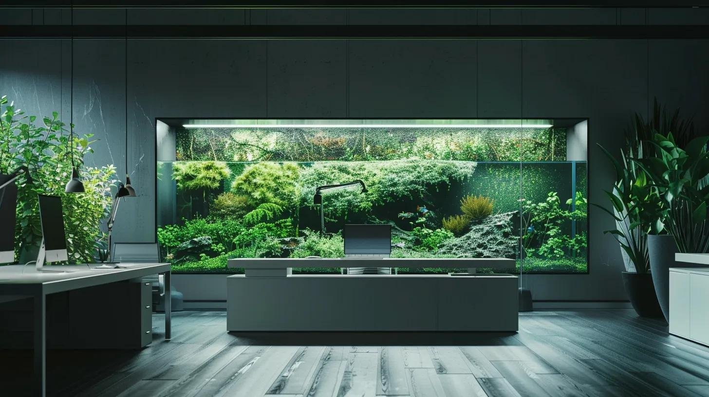 Eye-Catching LED Bubble Wall Aquarium for Modern Homes 3 a high-contrast image showcases a sleek, modern office environment where a user seamlessly installs the top fin® led bubble wall aquarium kit on a minimalist wall, with illuminated led components and clear installation instructions prominently displayed, highlighting the intuitive setup process.