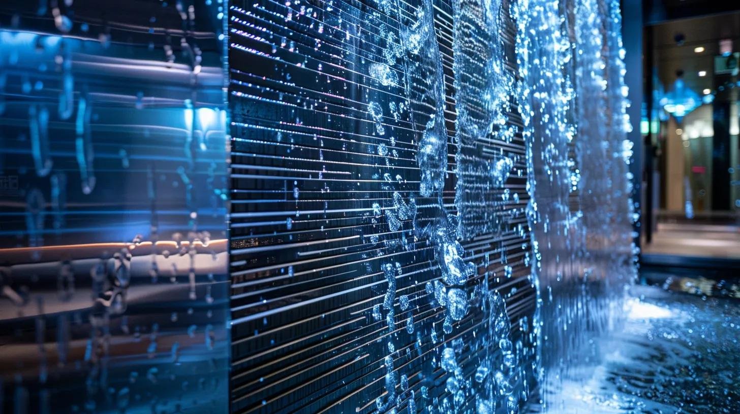 LED Water Bubble Fountain Wall Ideas for Every Space 1 a sleek, modern led water bubble fountain wall with vivid programmable lighting and synchronized water bubbles creates an eye-catching focal point in a chic urban lobby, elegantly reflecting ambient hues off polished stainless steel and tempered glass surfaces.