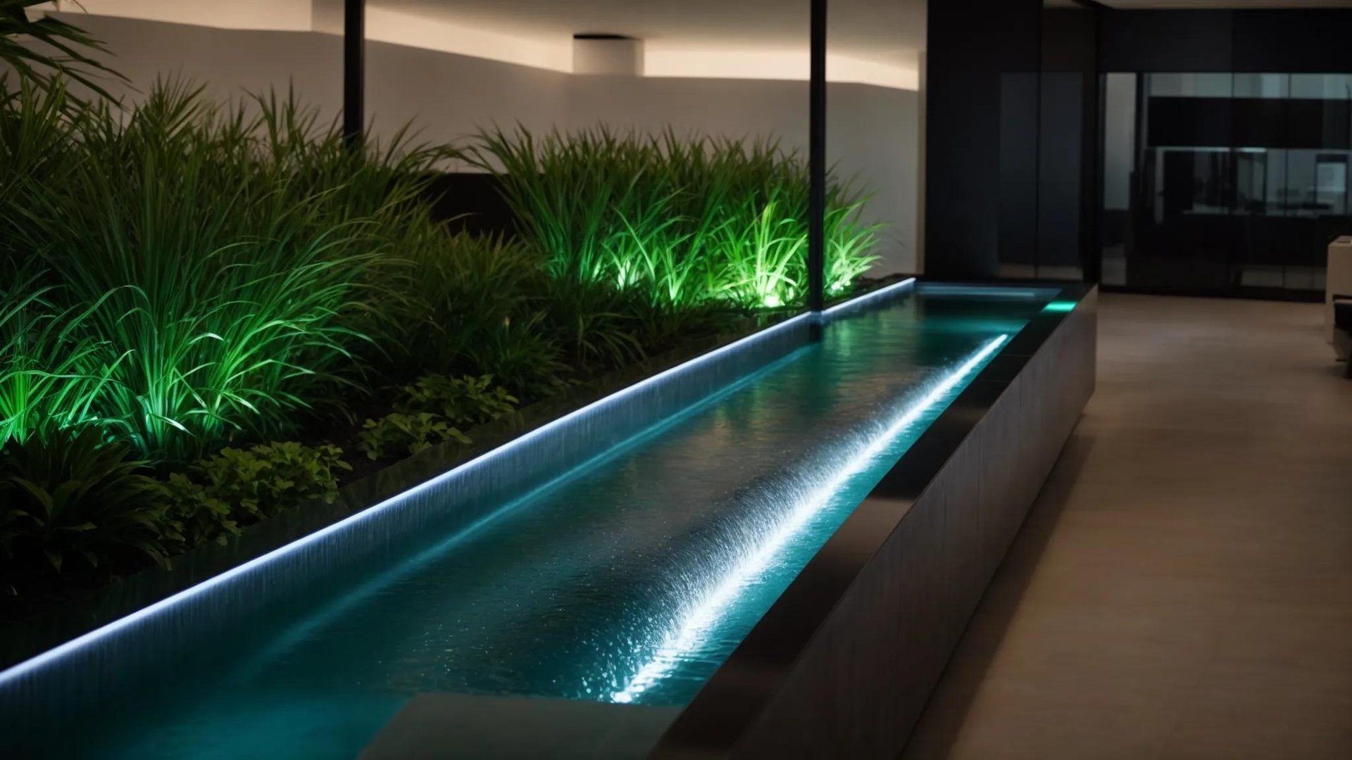 Creating Custom Indoor Water Features for Your Space 5 a sleek, modern indoor water feature illuminated by vibrant, sensor-guided lighting showcases advanced smart controls on a digital interface, highlighting the seamless integration of technology and design in a contemporary urban office setting.