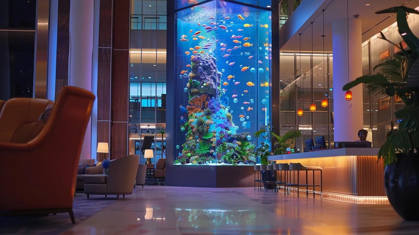 Eye-Catching LED Bubble Wall Aquarium for Modern Homes 6 an elegant, modern lobby showcasing the top fin® led bubble wall aquarium kit stands as a stunning focal point, juxtaposed against sleek furniture and ambient lighting, capturing attentive guests engaged in conversations about its vibrant and transformative visual appeal.