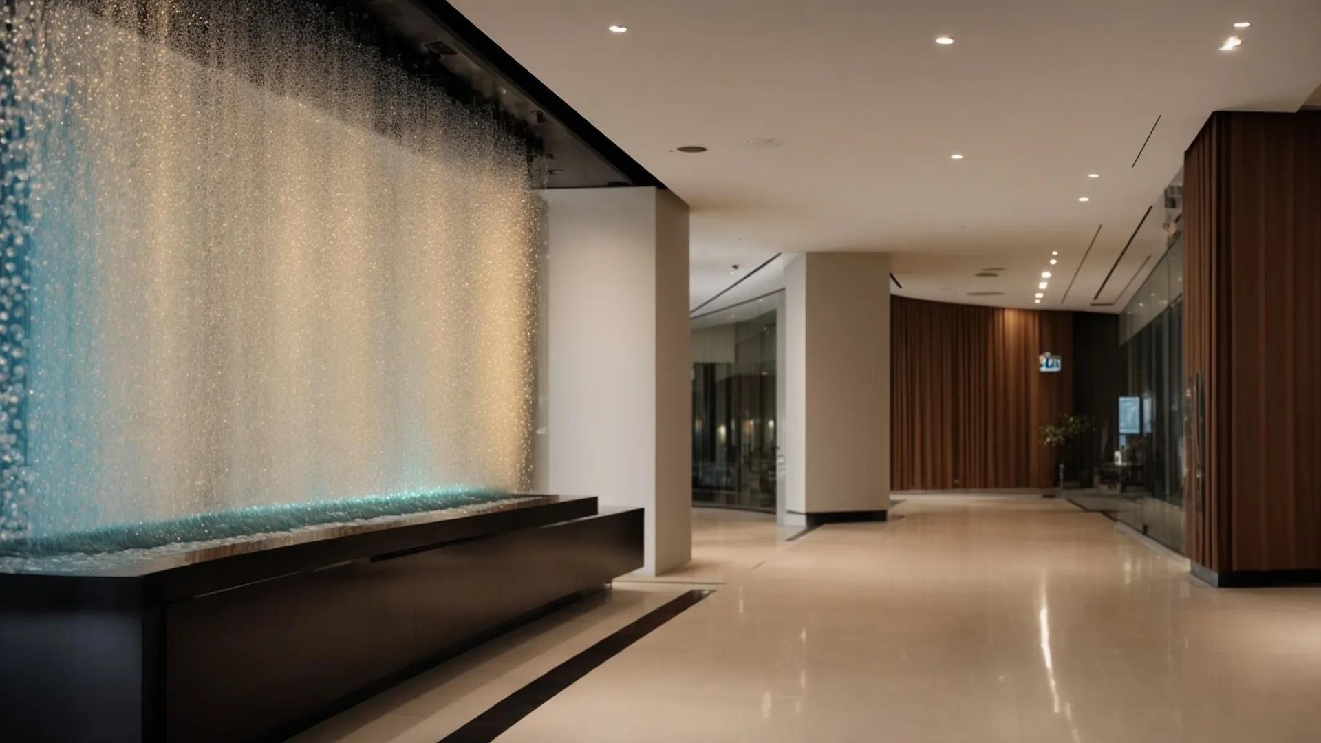 Create a Stunning Bubble Wall Fountain for Your Space 1 a sleek, modern office lobby features a handcrafted bubble wall fountain, elegantly illuminated by soft led lighting, creating a dynamic cascade of bubbles that enhances the serene atmosphere while reflecting sophisticated architectural elements.