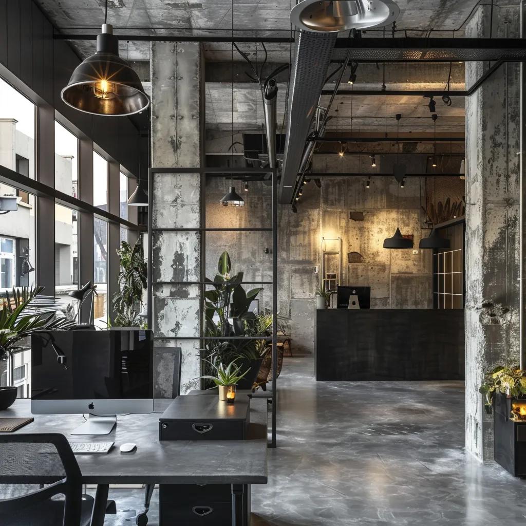 Revamp Your Work Area With Unique Indoor Home Office Designs 3 a striking urban industrial workspace showcases a spacious interior with high ceilings and exposed concrete walls, featuring a sleek brushed copper fountain that elegantly contrasts with the raw materials, creating a harmonious blend of ruggedness and tranquility.