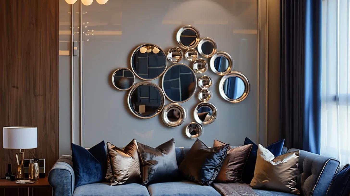 Create a Modern Look With Bubble Mirror Wall Decor 4 a sophisticated interior showcasing a sleek, custom-designed bubble mirror wall decor, highlighting various frame finishes and unique reflective treatments, elegantly arranged to enhance modern aesthetics in a luxurious living space.