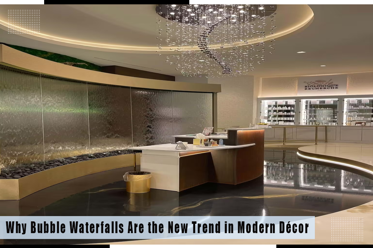 Custom bubble wall fountain with elegant design and captivating water features, crafted by Midwest Tropical.