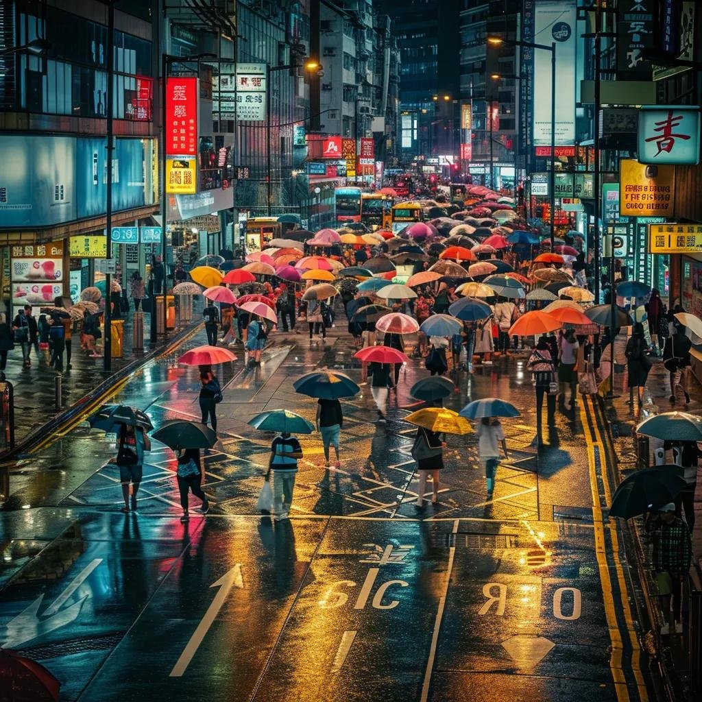 Bustling urban street scene with pedestrians holding colorful umbrellas, reflecting rain-soaked pavement and illuminated city signs, capturing a vibrant atmosphere amidst rainy weather.