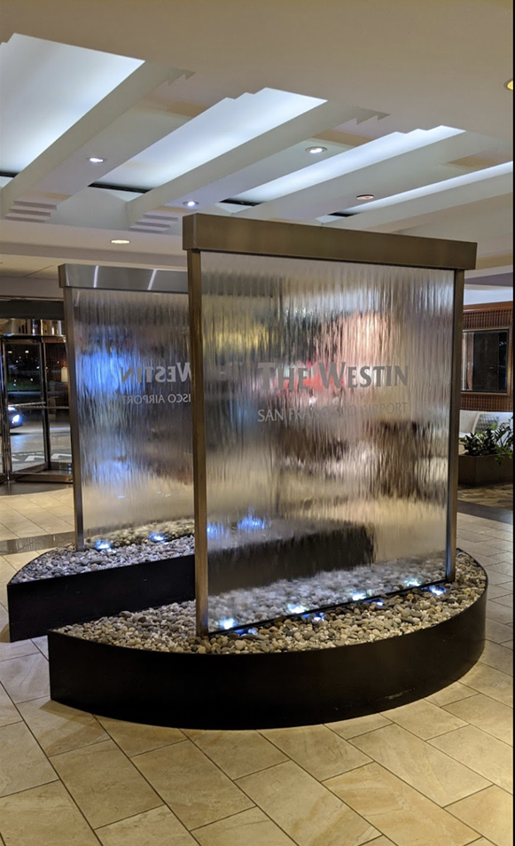 Glass Water Features 37 Glass Water Wall with Stainless Steel Frame at Westin San Francisco Airport California 1
