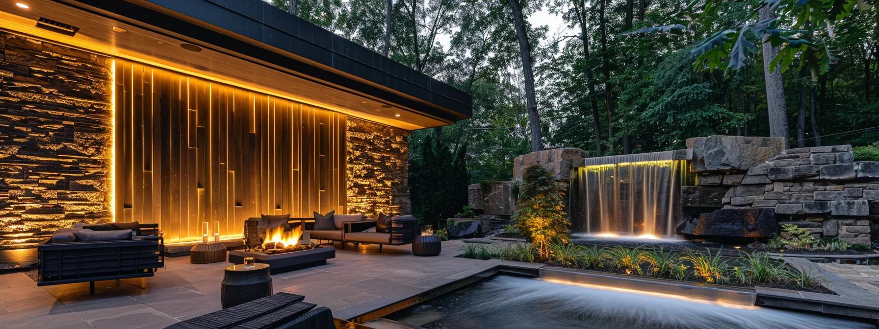Captivating Wall Design: Embrace Waterfall Features 5 an outdoor living space featuring a stunning waterfall wall, crafted from durable materials and enhanced by thoughtful landscaping and strategic lighting for a captivating and enduring ambiance.