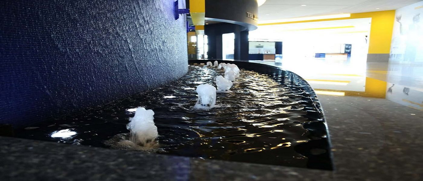 Indoor water feature with bubbling water jets and a dark stone basin, enhancing the atmosphere of a commercial space, reflecting design elements of bubble walls.