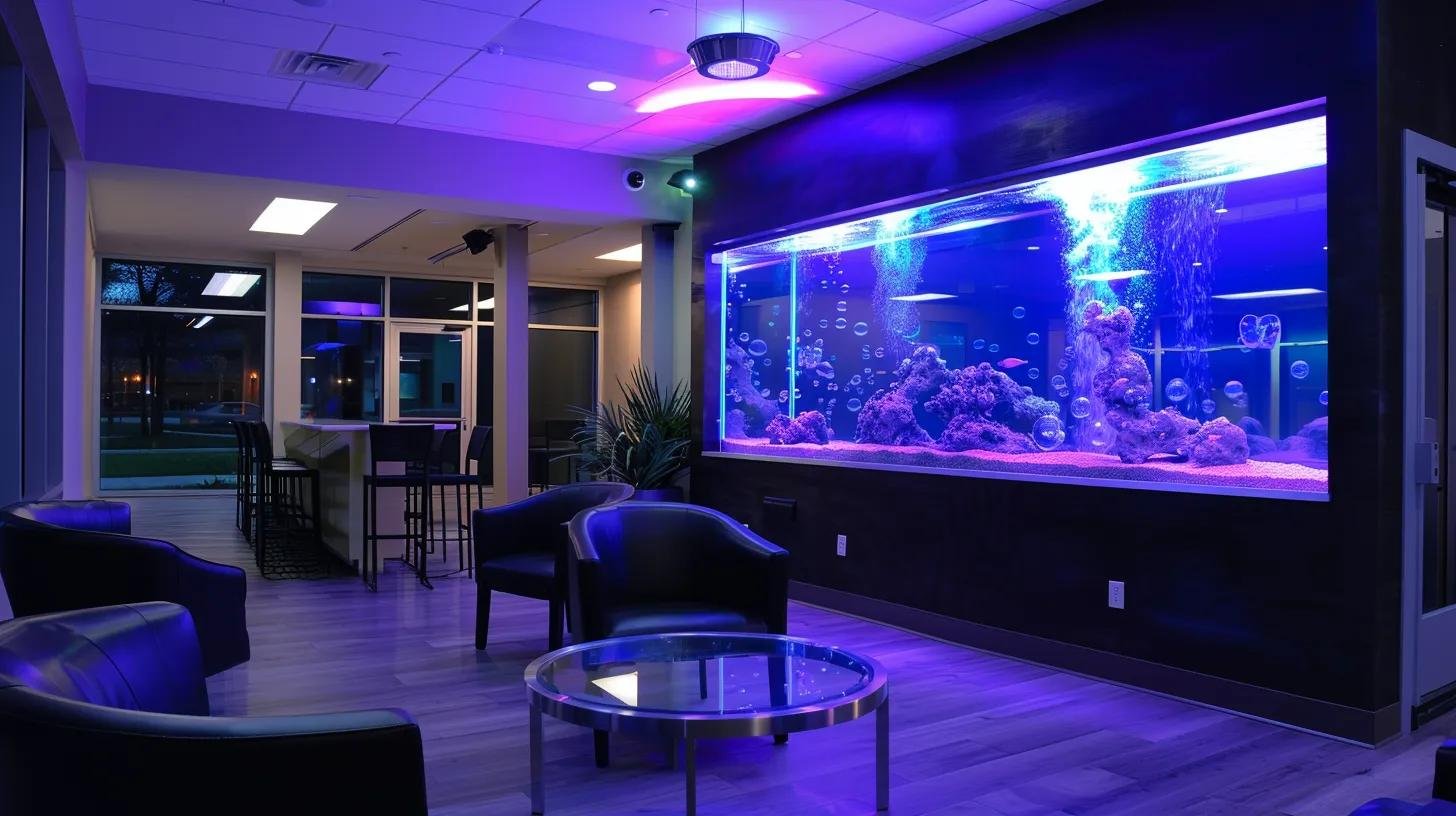 Eye-Catching LED Bubble Wall Aquarium for Modern Homes 4 a sleek, contemporary office lobby features a mesmerizing top fin® led bubble wall aquarium with vibrant, programmable lighting and gently bubbling water, creating an eye-catching focal point that enhances the modern aesthetic while promoting a calming atmosphere.