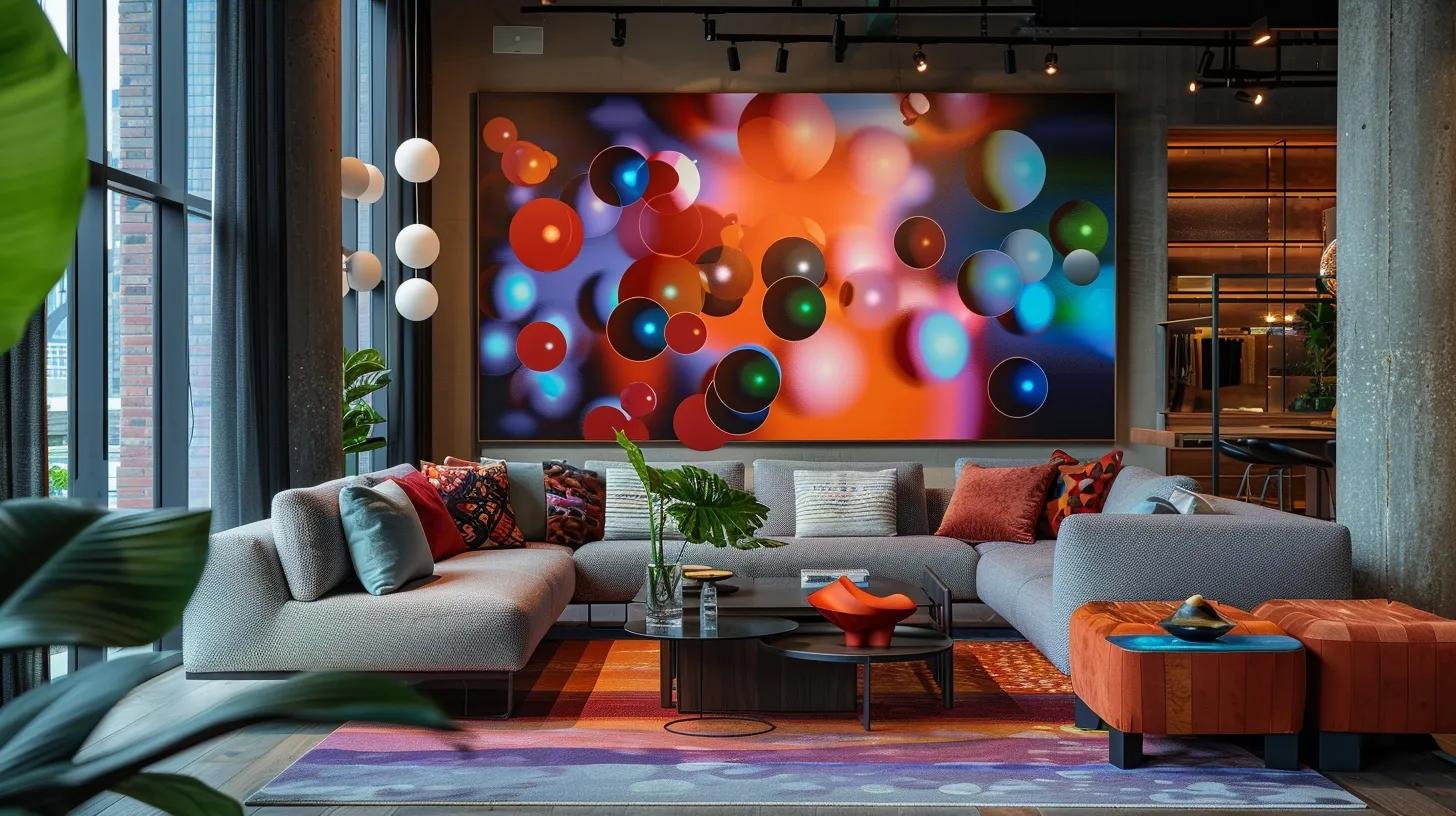 Bubble Wall Art: Express Your Style in Any Room 3 a contemporary living room features a striking bubble wall art installation, with vibrant colors and rhythmic bubbles creating a dynamic focal point that enhances the room's ambiance and evokes a sense of calm.