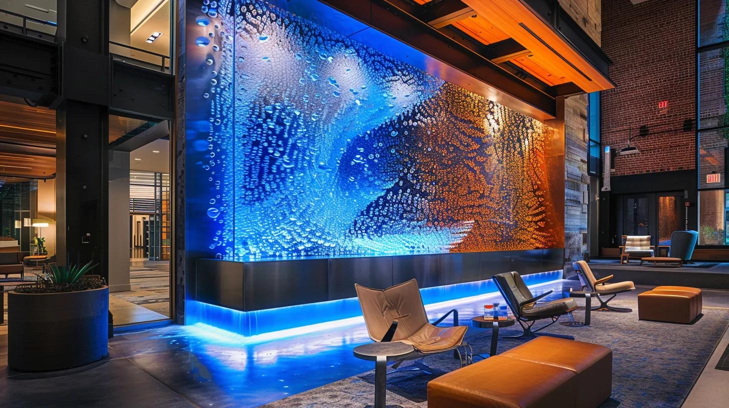 Benefits of Installing a Water Bubble Wall 1 a sleek, modern urban lobby features a stunning handcrafted water bubble wall illuminated by soft, ambient lighting, showcasing the fusion of artisanal craftsmanship and premium materials with a backdrop of contemporary design.