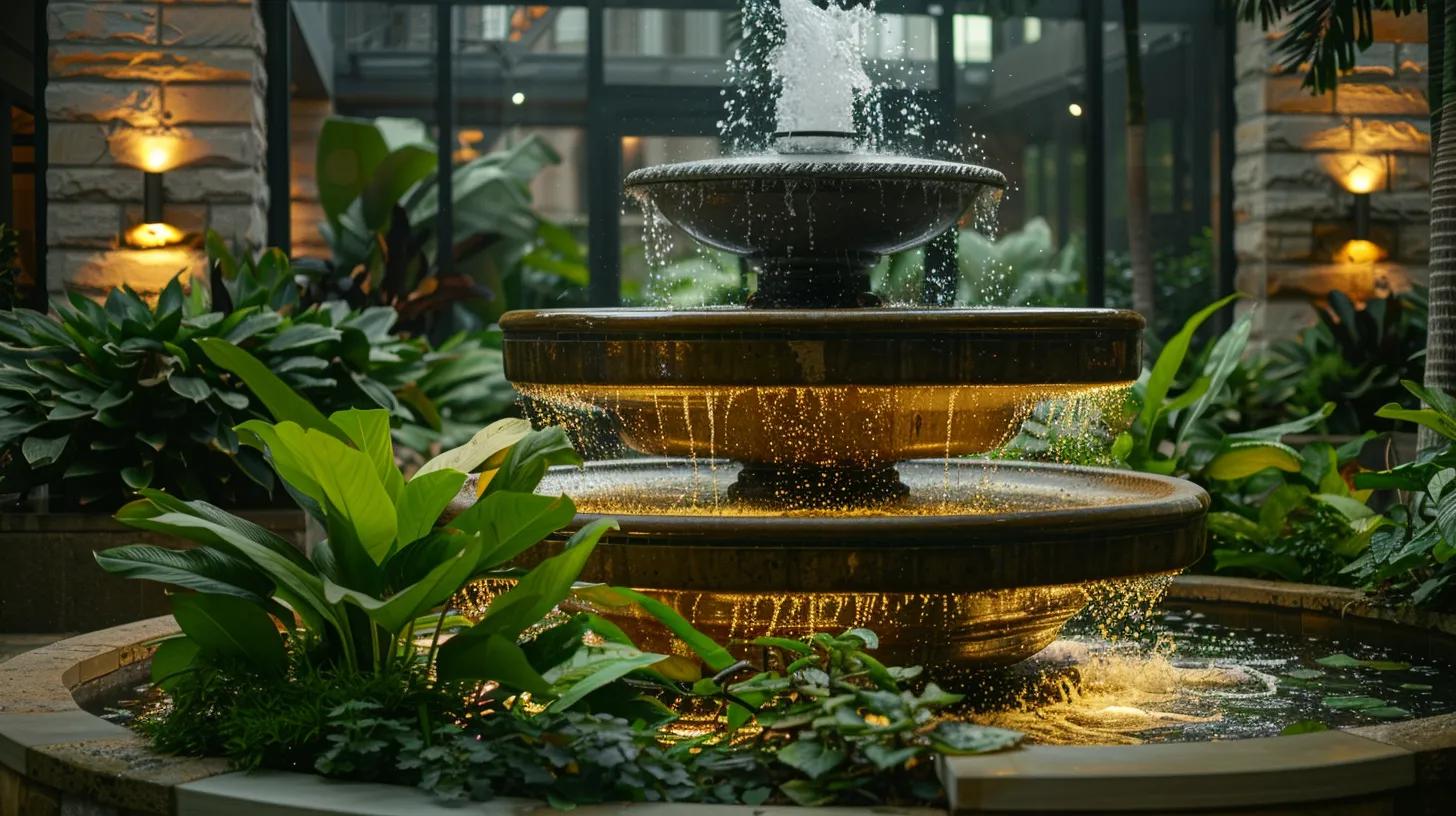 Indoor Fountain Water: Nurturing Calm and Comfort 4 a serene indoor fountain adorned with vibrant, textured stones and lush greenery, illuminated by soft, ambient lighting, creating a tranquil centerpiece that enhances the calming atmosphere of the space.