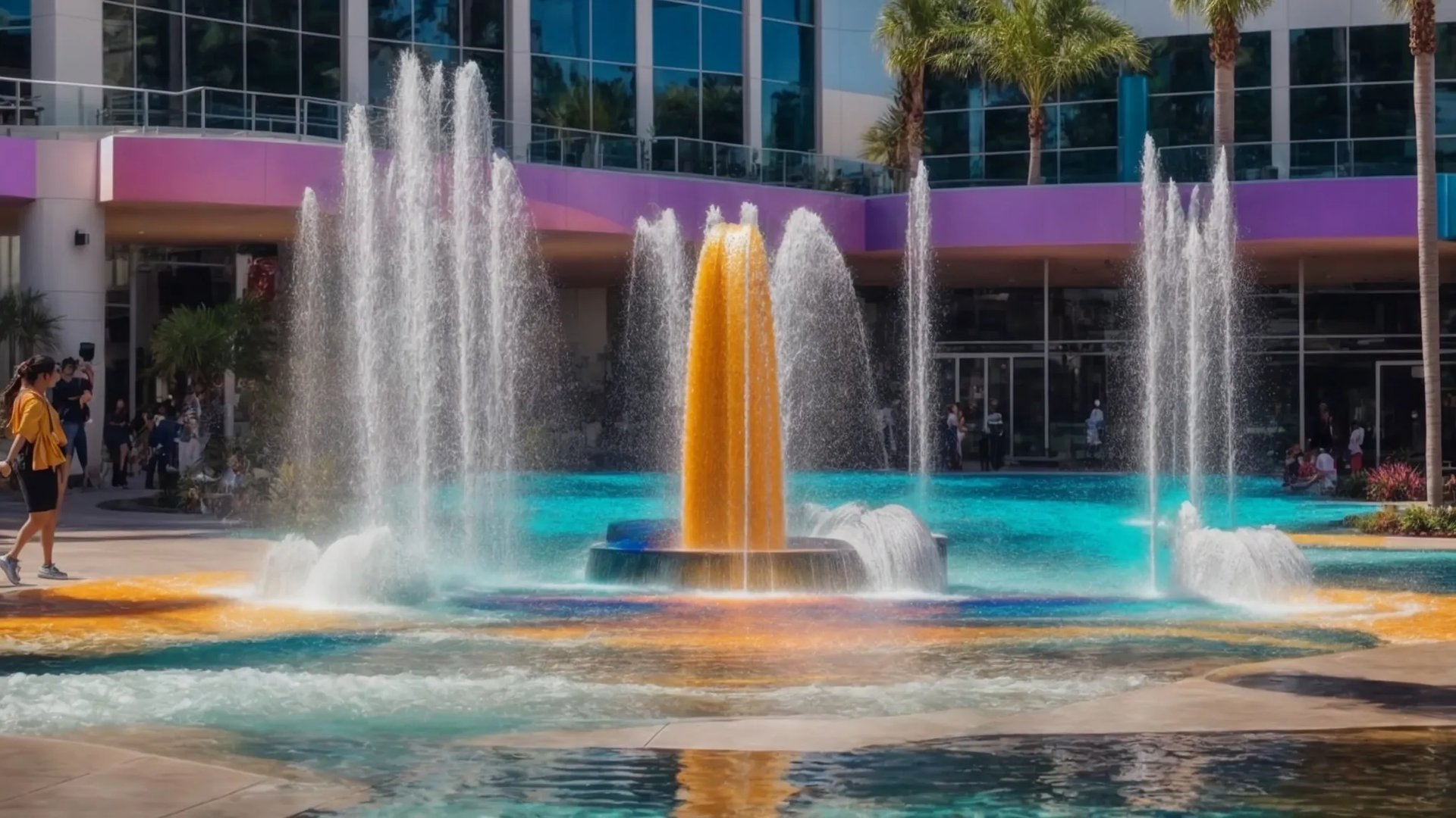 Custom animated water feature with vibrant orange and blue colors, surrounded by palm trees and people enjoying the outdoor space.