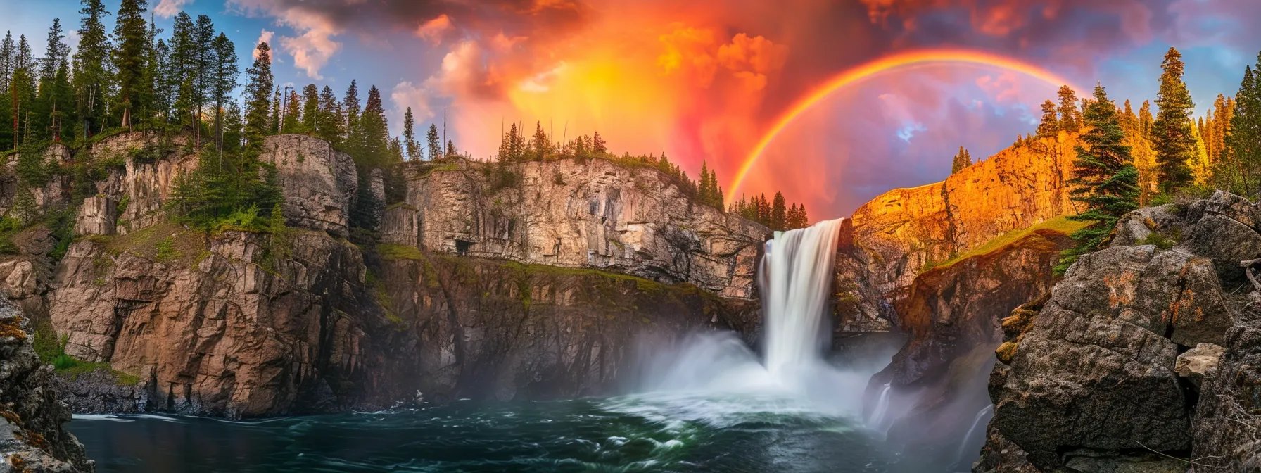 Stunning waterfall cascading into a serene pool, framed by majestic cliffs and vibrant forest, under a colorful sunset with a rainbow.