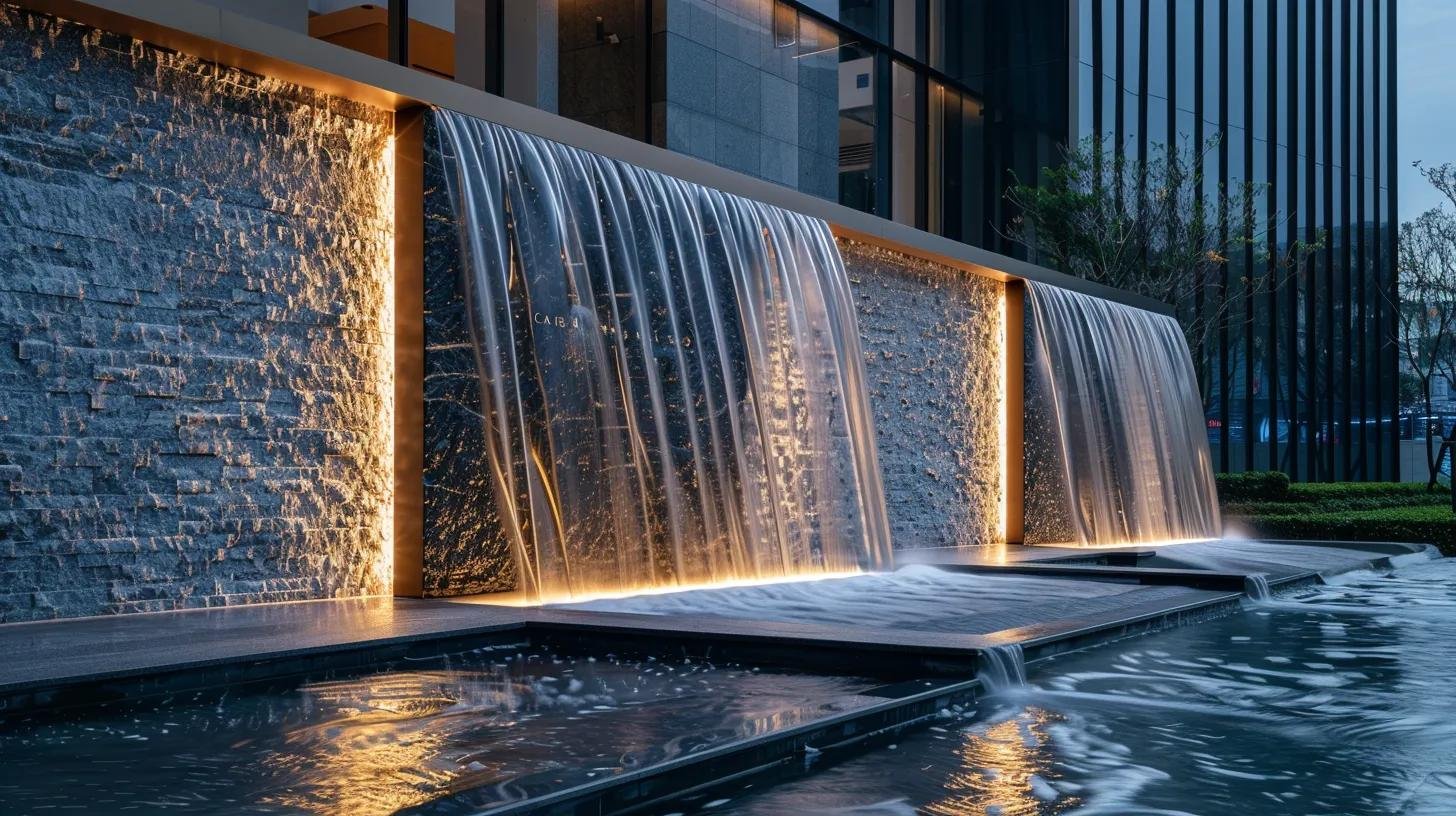 Designing Unique Custom Water Features for Gardens 4 a visually striking scene of a modern outdoor commercial space showcasing a tailored waterfall feature, crafted from sleek glass and textured slate, with illuminated modular segments creating dynamic water flow patterns and captivating reflections at dusk.
