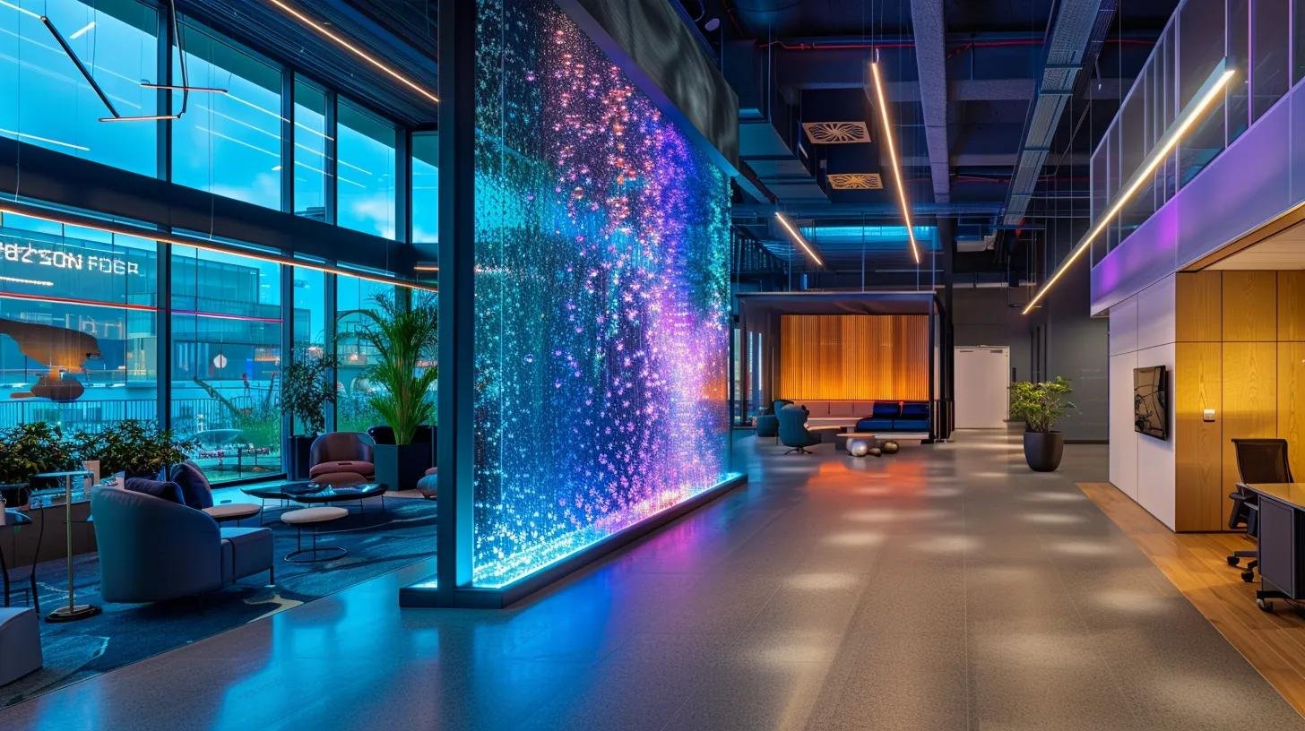 Why Choose a Floor Standing Water Bubble Wall for Your Home 7 a sleek, contemporary office space features a stunning floor-standing water bubble wall, illuminated by dynamic led lights, showcasing vibrant colors and an elegant design while emphasizing performance metrics displayed on digital screens nearby.