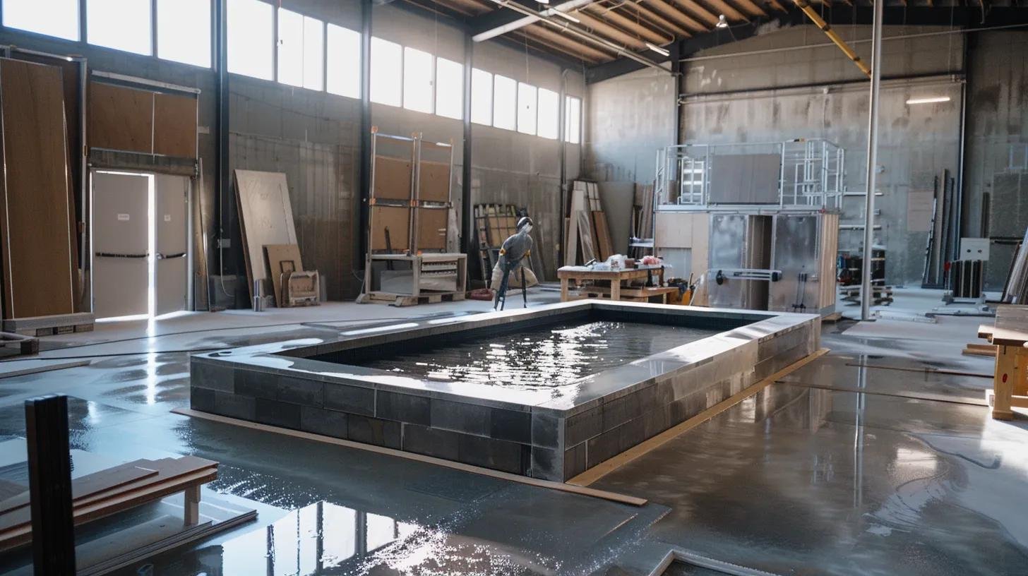 Unique Designs for Custom Made Water Features 2 a sophisticated workshop setting showcases skilled technicians meticulously assembling a custom water feature, highlighting advanced masonry techniques and precision-fabricated metal components that seamlessly combine elegance and durability under bright, focused industrial lighting.