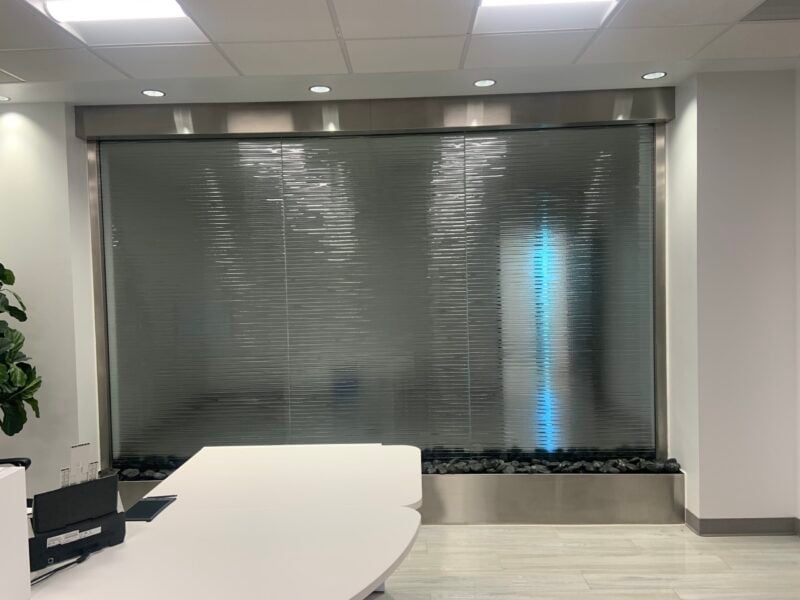 Textured Glass Water Wall with Stainless Steel Frame for Medical Office in Salt Lake City, Utah Textured Glass Water Wall with Stainless Steel Frame for Medical Office in Salt Lake City, Utah