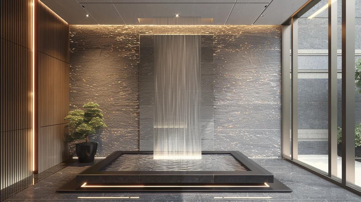 Revamp Your Work Area With Unique Indoor Home Office Designs 1 a serene and modern minimalist office interior showcases a custom indoor water fountain elegantly integrated into a recessed wall niche, surrounded by slate and terracotta tones, exuding tranquility and clarity that fosters focus and productivity.