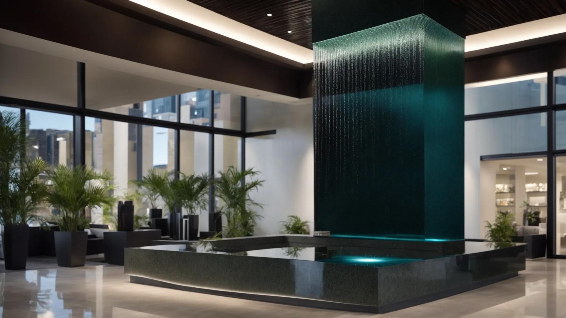 Unique Designs for Custom Made Water Features 3 a striking modern showroom displays an elegant custom water feature made of polished basalt and tempered glass, showcasing intricate textures that highlight water flow amidst a sleek urban backdrop.