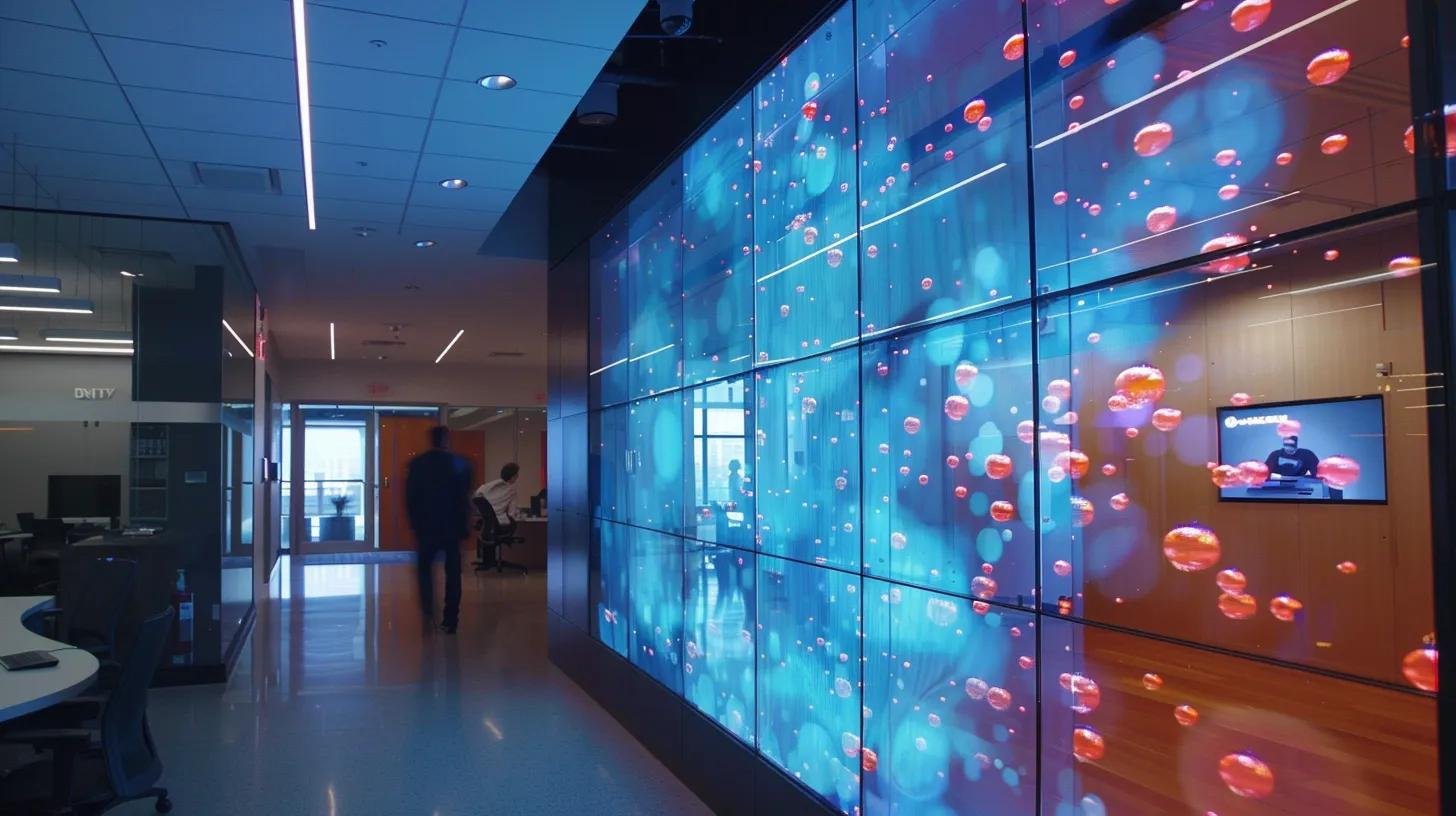 LED Water Bubble Wall: Beautify Your Surroundings 3 a sleek, modern office environment showcases technicians meticulously installing an led water bubble wall, featuring custom glass panels and vibrant led arrays against a backdrop of contemporary design elements and structured lighting.