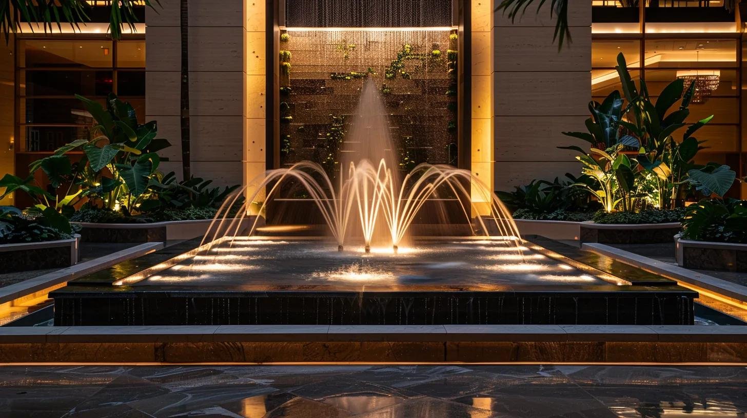 Modern Spaces: Embracing Contemporary Fountain Design Trends 6 a luxurious hotel lobby in miami showcases an innovative fountain design featuring sleek marble and bronze accents, illuminated by dynamic custom lighting that creates a vibrant, engaging atmosphere for guests.