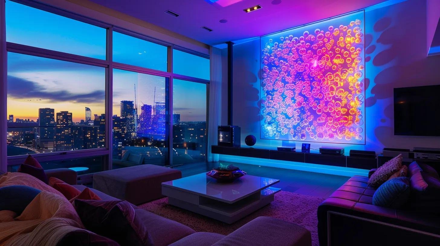 Bubble Wall Art: Express Your Style in Any Room 5 a sophisticated living room is transformed into a futuristic oasis with a stunning customized bubble wall art installation, featuring vibrant led colors and sleek design elements that showcase the client's unique taste, perfectly illuminated by stylish ambient lighting.