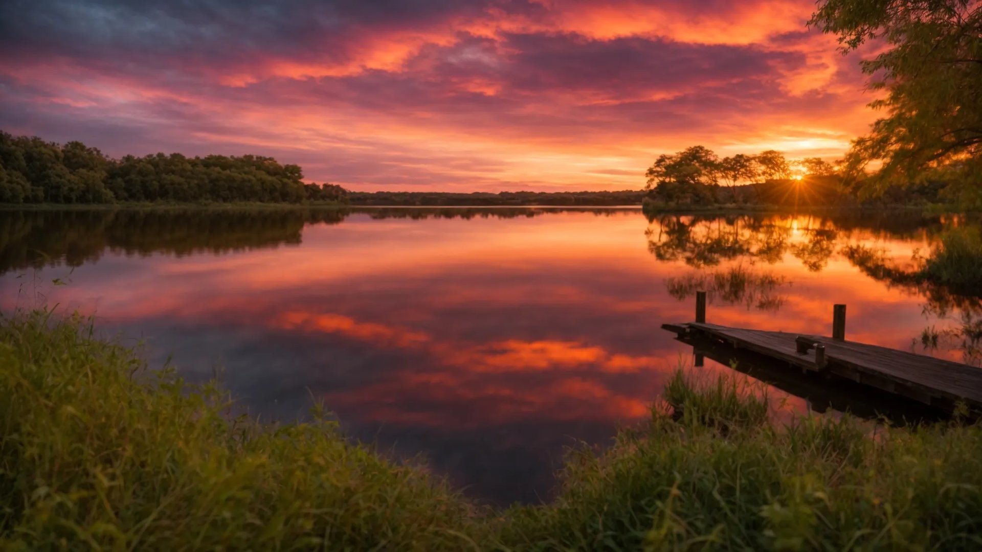 Large Wall Decor Trends to Refresh Your Space 4 a vibrant sunset casts a golden glow over a tranquil lake, reflecting the rich hues of orange and pink in the sky, surrounded by lush green trees.