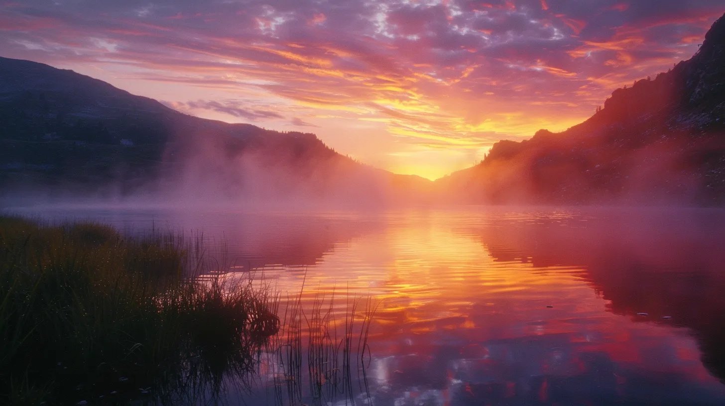 Large Wall Decor Trends to Refresh Your Space 6 a breathtaking sunrise illuminates a tranquil lake, reflecting vibrant hues of orange and pink against the still water while mist gently rises from the surface, creating an enchanting atmosphere.