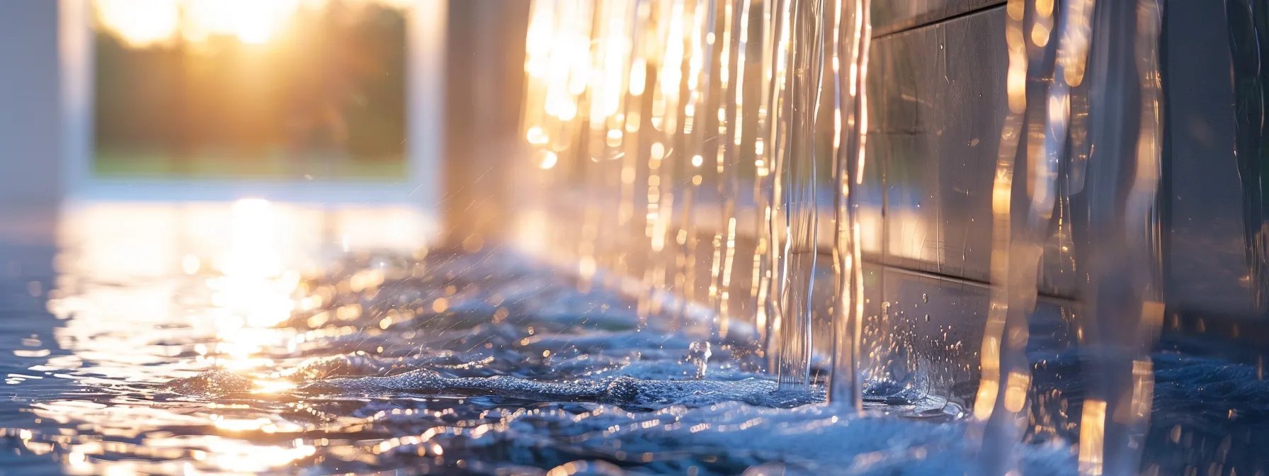 Indoor waterfall wall with sunlight reflecting on flowing water, creating a serene atmosphere, showcasing Midwest Tropical's custom water feature design.